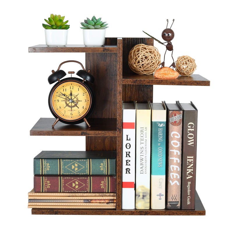 PAG Wood Desktop Shelf Small Bookshelf Desk Supplies Organizers and Accessories Storage Display Rack Office Decor for Women, Antique Brown - Image 2